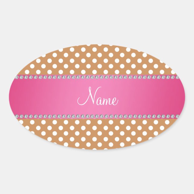 Pegatina Ovalada Nombre personalizado de los puntos de polka marrón (Anverso)