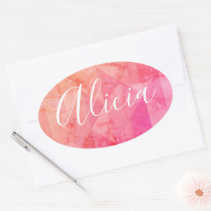 Pegatina Ovalada Nombre personalizado grunge rosa naranja acuarela