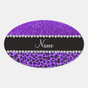 Pegatina Ovalada Nombre personalizado leopardo morado índigo purpur