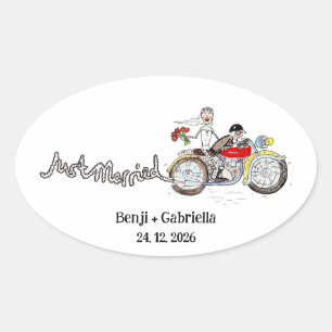 Pegatina Ovalada Novia y Novio en Moto Bodas