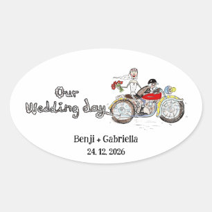 Pegatina Ovalada Novia y Novio en Moto Bodas