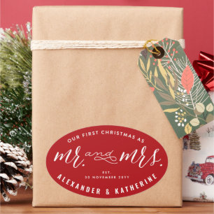 Pegatina Ovalada Nuestra Primera Navidad Como Señores De La Boda De