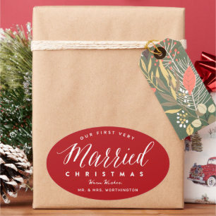 Pegatina Ovalada Nuestra Primera Navidad Muy Casados Sr & Sra Boda