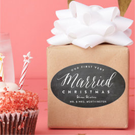 Pegatina Ovalada Nuestra Primera Navidad Muy Casados Sr & Sra Boda