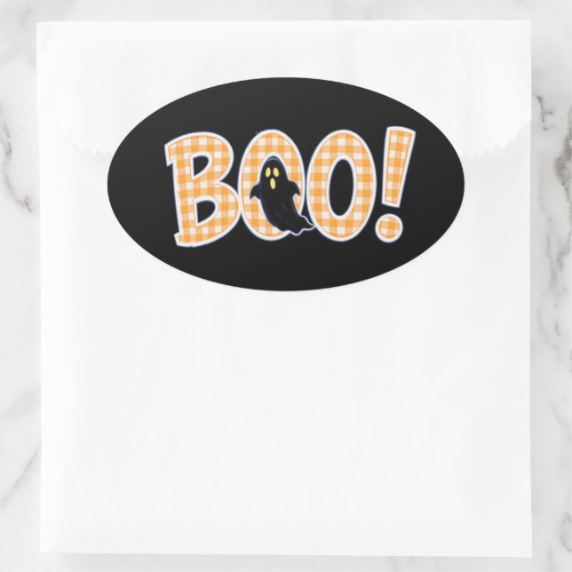 Pegatina Ovalada Orange Gingham BOO Ghost (Bolso)