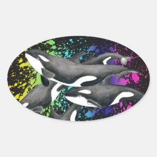 Pegatina Ovalada Orca Ballenas acuarela Splash Negro