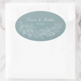 Pegatina Ovalada Ornamento Clásico Azul Polvoriento Boda Regencia