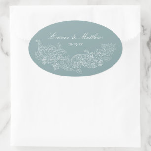 Pegatina Ovalada Ornamento Clásico Azul Polvoriento Boda Regencia