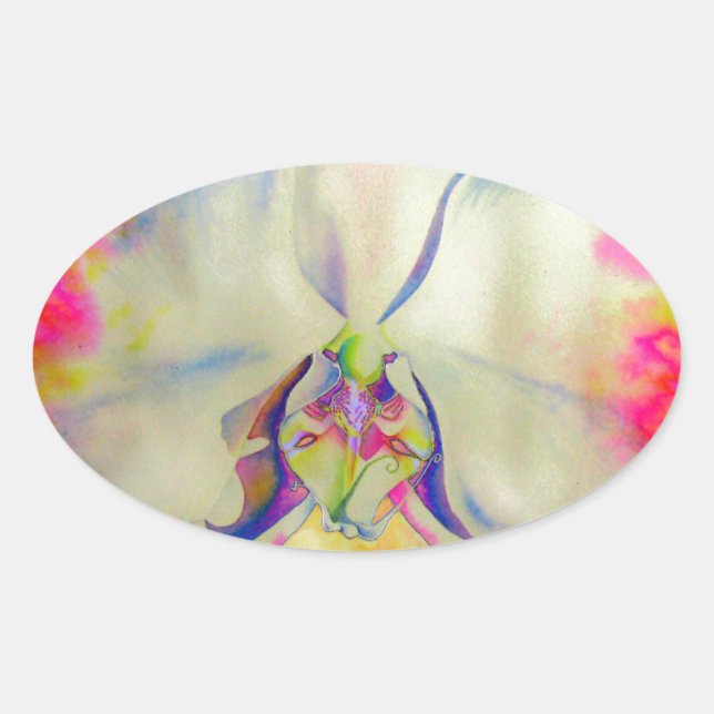 Pegatina Ovalada Orquídea de Fuego Rosa, floros de acuarela surreal (Anverso)