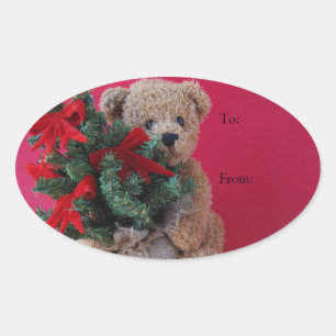 Pegatina Ovalada Oso de peluche con árbol de Navidad