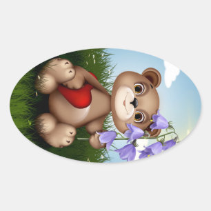 Pegatina Ovalada Oso sosteniendo ramo de flores-30926