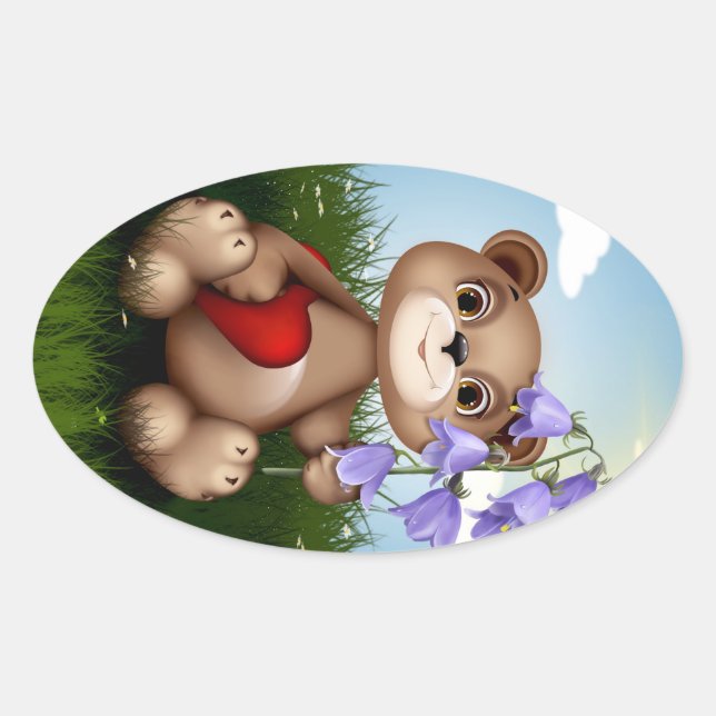 Pegatina Ovalada Oso sosteniendo ramo de flores-30926 (Anverso)