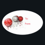 Pegatina Ovalada Oval Christmas Ornaments Gift Tag Pegatinas<br><div class="desc">El fondo es blanco con adornos de vacaciones rojos y plateados,  junto con el rojo. Texto de A: y De: en el pegatina del destinatario de regalo. Personalizar o compra como está.</div>