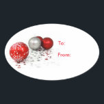 Pegatina Ovalada Oval Christmas Ornaments Gift Tag Pegatinas<br><div class="desc">El fondo es blanco con adornos de vacaciones rojos y plateados,  junto con el rojo. Texto de A: y De: en el pegatina del destinatario de regalo. Personalizar o compra como está.</div>
