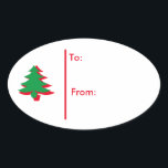 Pegatina Ovalada Oval Christmas tree Gift Tag Pegatina-Red & Green<br><div class="desc">El fondo es blanco con un solo árbol de Navidad rojo y verde junto con el rojo. Texto de a: y de: en pegatina para el destinatario de regalo. Personalizar o compra como está. Realizado para coordinar con todo tipo de papel Navidad,  envoltura de regalo.</div>