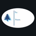 Pegatina Ovalada Oval Christmas tree Gift Tag Pegatina-tonos azules<br><div class="desc">El fondo es blanco con un árbol de Navidad de tono azul junto con el texto azul real. Texto de a: y de: en pegatina para el destinatario de regalo. Personalizar o compra como está. Realizado para coordinar con todo tipo de papel Navidad,  envoltura de regalo.</div>