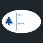 Pegatina Ovalada Oval Christmas tree Gift Tag Pegatina-tonos azules<br><div class="desc">El fondo es blanco con un árbol de Navidad de tono azul junto con el texto azul real. Texto de a: y de: en pegatina para el destinatario de regalo. Personalizar o compra como está. Realizado para coordinar con todo tipo de papel Navidad,  envoltura de regalo.</div>