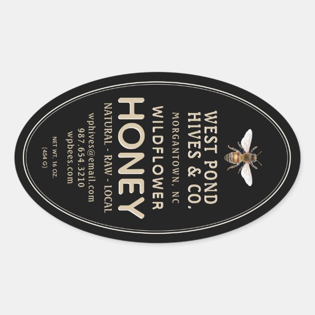Pegatina Ovalada Oval Queenline Honey Jar Label con Abeja 16 y 32oz (Anverso)