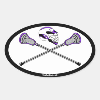 Pegatina Ovalada Palitos de lacrosse morado y casco