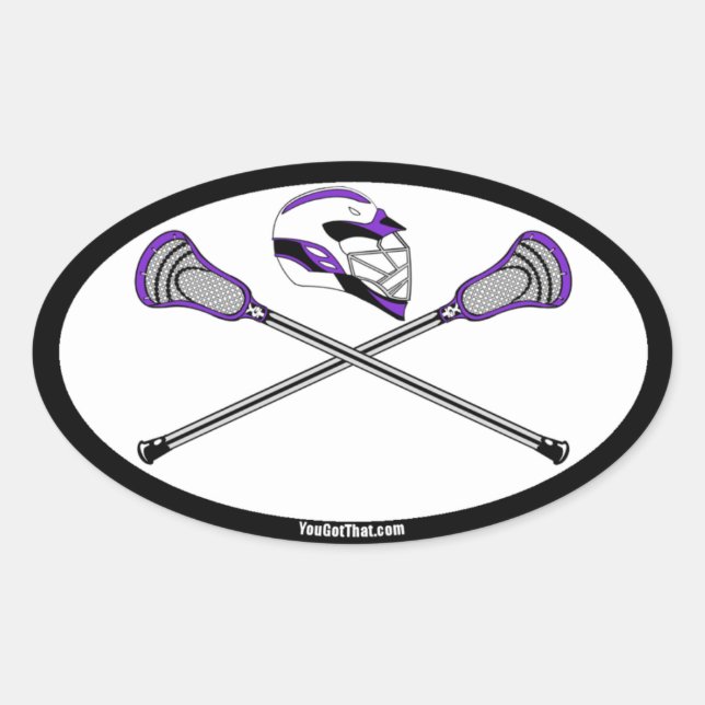 Pegatina Ovalada Palitos de lacrosse morado y casco (Anverso)