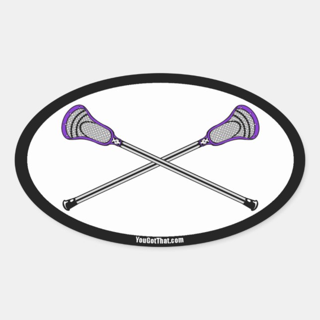 Pegatina Ovalada Palitos de lacrosse púrpura (Anverso)
