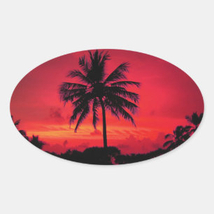 Pegatina Ovalada Palm Trees Exóticas Rojas de Hawaii Sunset
