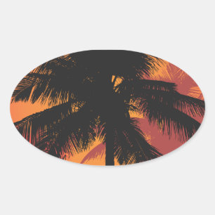Pegatina Ovalada Palm Trees Silhouettes Sunset