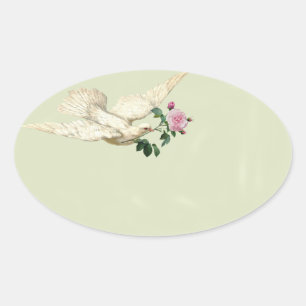 Pegatina Ovalada Paloma francesa con rosa rosa rosado en susurro ve