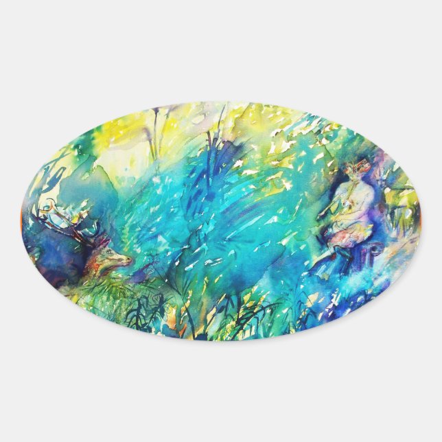 PEGATINA OVALADA PAN JUGANDO FLUTE Y CERVEZA EN TIERRA VERDE (Anverso)