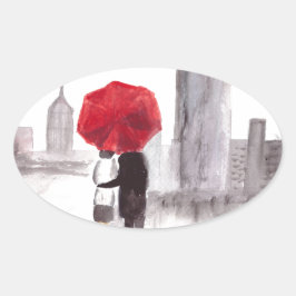 Pegatina Ovalada Pareja de amor de Nueva York con paraguas rojos
