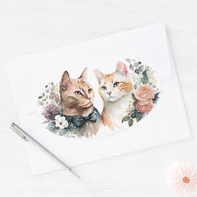 Pegatina Ovalada Pareja De Gato De Color De Agua En Blanco (Sobre)