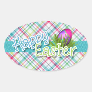 Pegatina Ovalada Pascua - "Feliz Pascua" Word Art en rayas
