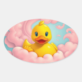 Pegatina Ovalada Patito Dulce sobre Nubes Rosadas Cumpleaños