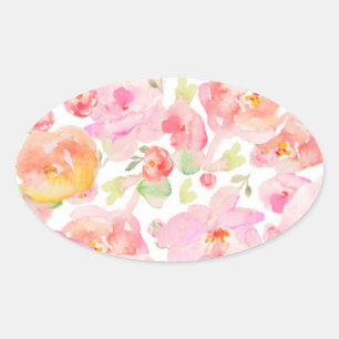 Pegatina Ovalada Patrón de acuarela floral rosa