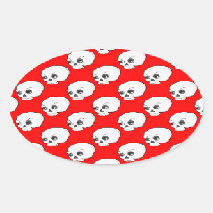 Pegatina Ovalada Patrón De Calavera En Fondo Rojo
