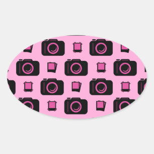 Pegatina Ovalada Patrón de cámara rosa negro de estilo retro