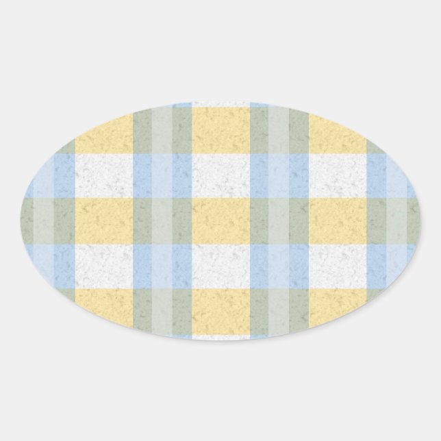 Pegatina Ovalada Patrón de Cuadro Pastel Azul y Amarillo (Anverso)