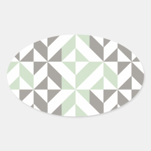 Pegatina Ovalada Patrón de cubo geométrico verde sabio y plateado