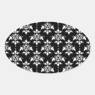 Pegatina Ovalada Patrón de damasco floral en blanco y negro