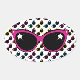 Pegatina Ovalada Patrón de gafas de sol de gato retro con rosa
