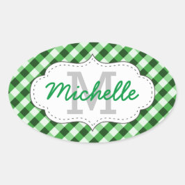 Pegatina Ovalada Patrón de Gingham Verde Elegante con Nombre Person