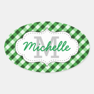 Pegatina Ovalada Patrón de Gingham Verde Elegante con Nombre Person