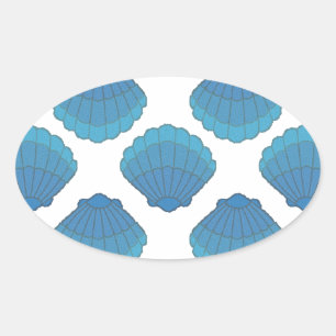 Pegatina Ovalada Patrón de mosaico de las conchas azules