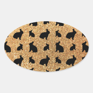 Pegatina Ovalada Patrón de purpurina de conejo amarillo pastel