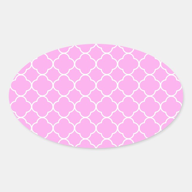 Pegatina Ovalada Patrón De Quatrefoil Rosa Y Blanco (Anverso)