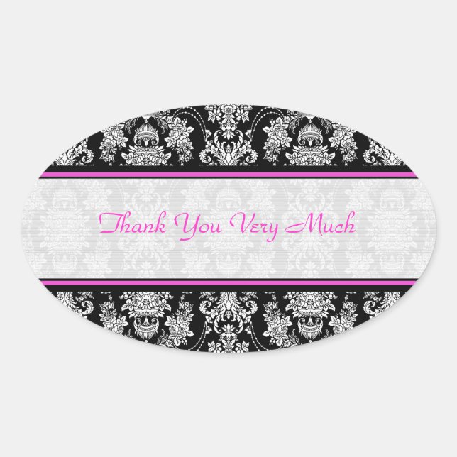Pegatina Ovalada Patrón floral barroco blanco y rosa negro (Anverso)