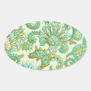 Pegatina Ovalada Patrón floral Cute Aqua Gold Paisley