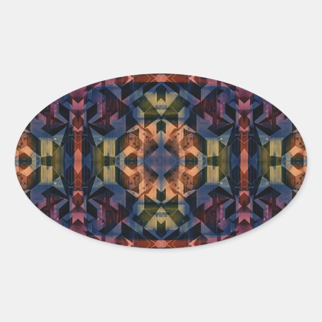 Pegatina Ovalada Patrón geométrico multicolor con flor marrón (Anverso)