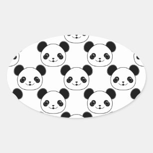 Pegatina Ovalada Patrón Kawaii Panda En Blanco Y Negro