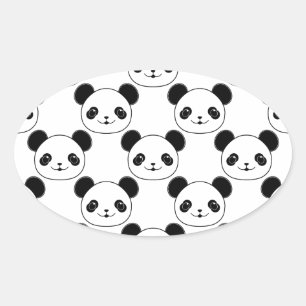 Pegatina Ovalada Patrón Kawaii Panda En Blanco Y Negro